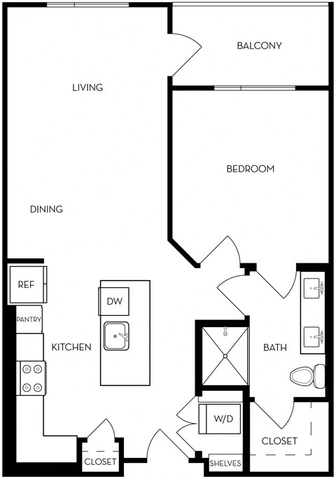 Floor plan for 1 bed, 1 bath, 744 sqft